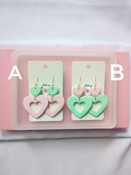 Mint and Pink Large Heart Cut Out Dangle Earrings